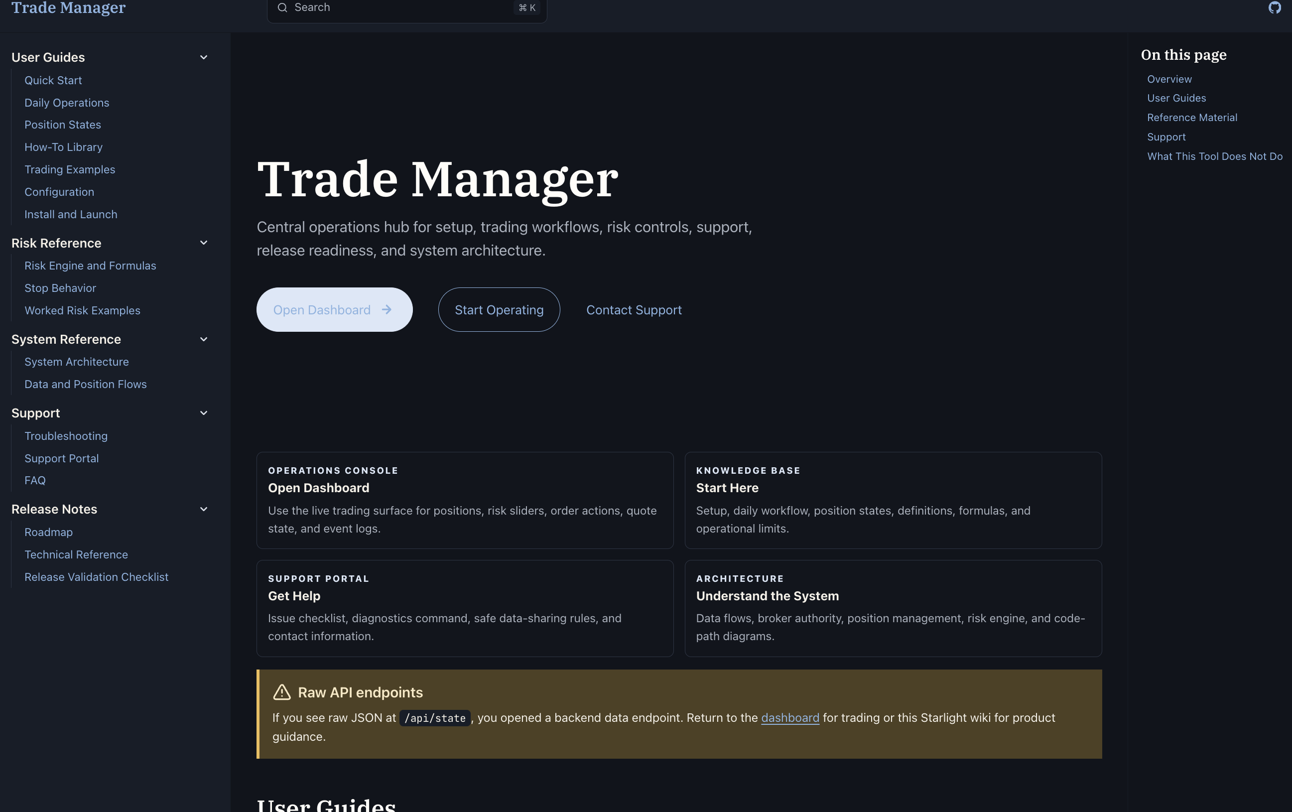 Trade manager technical documentation surface