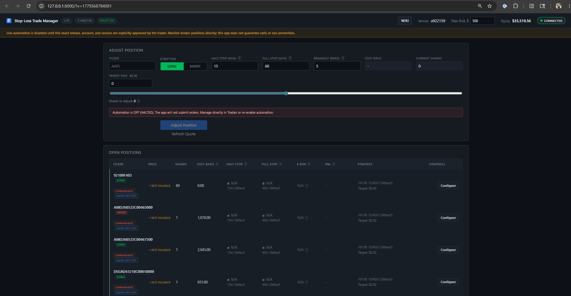 Stop-loss trade manager execution control surface